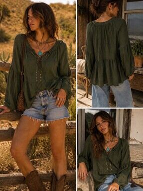 Liz Claiborne Size Large Green Balloon Sleeve Boho Blouse